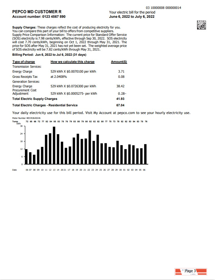 USA Maryland Pepco utility bill, Word and PDF template, 3 pages 3